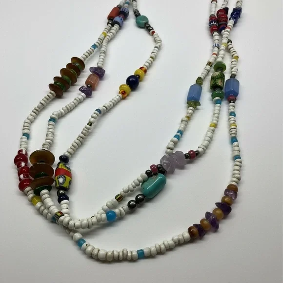 Vintage Ethnic Necklace Multi Strand Glass Gemstone Millefiori Trade Beads Boho